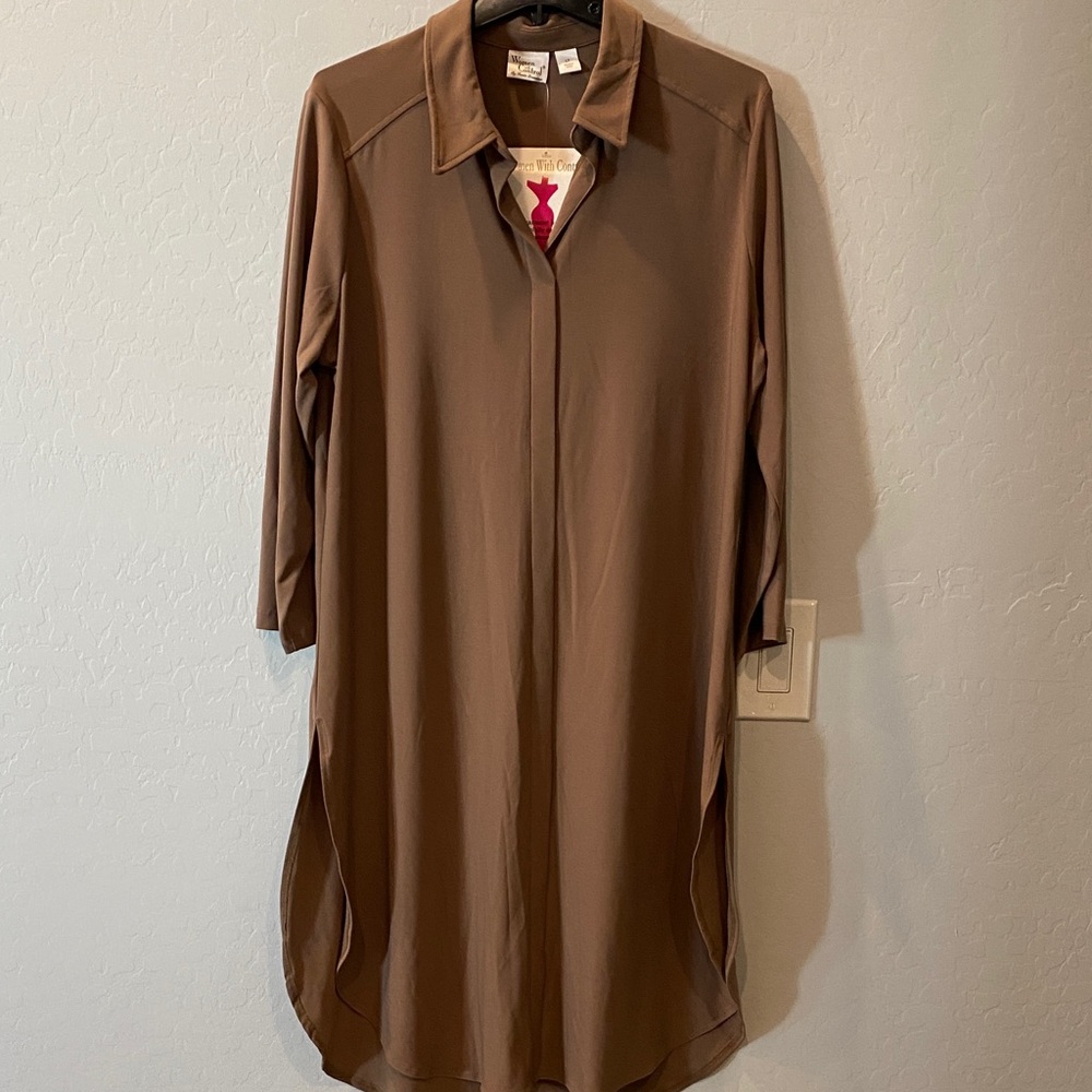 Women with Control Tan Long Sleeve Tunic Shirt